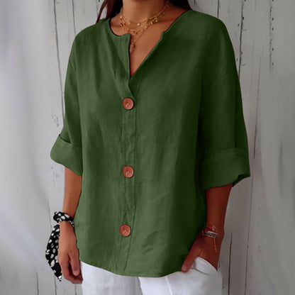 Chemisier boutonné femme en coton et lin col en V