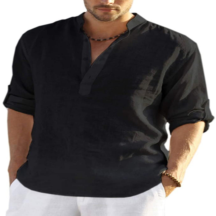 Camisa de manga larga de algodón y lino para hombre, color sólido, cuello levantado, holgada