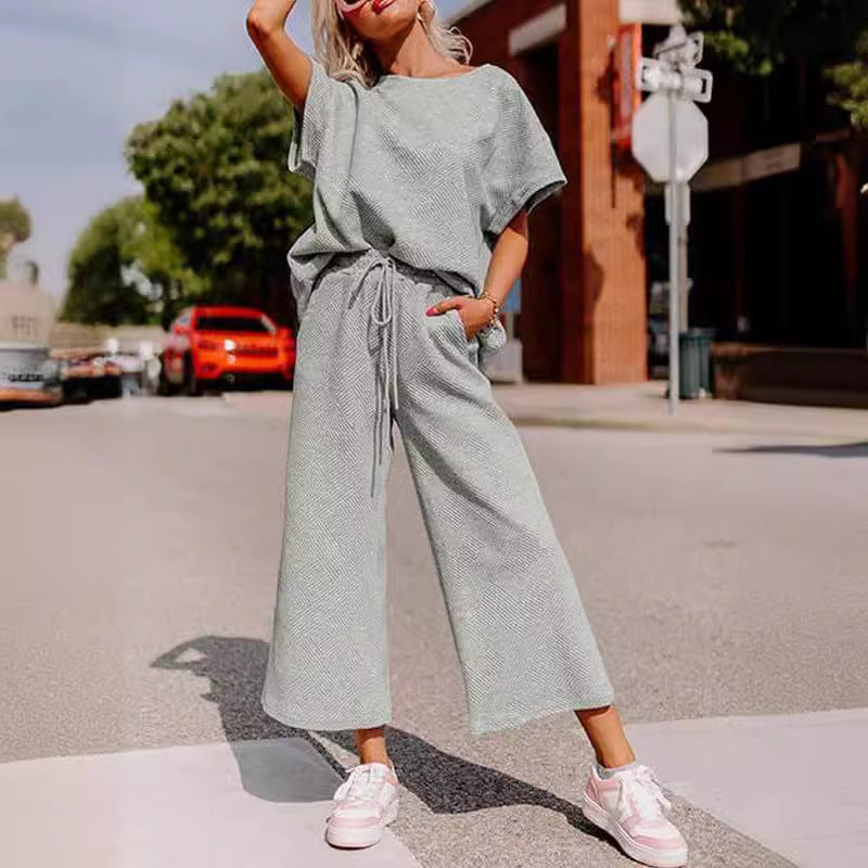 Ensemble deux pièces short et haut à manches courtes décontracté pour femme, texture couleur unie