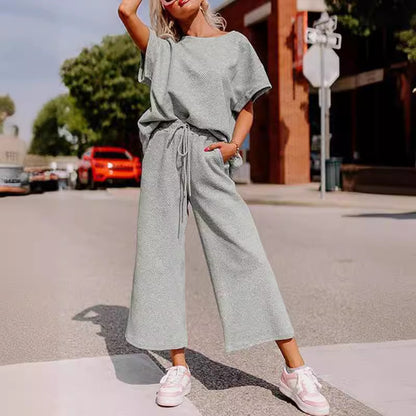 Ensemble deux pièces short et haut à manches courtes décontracté pour femme, texture couleur unie