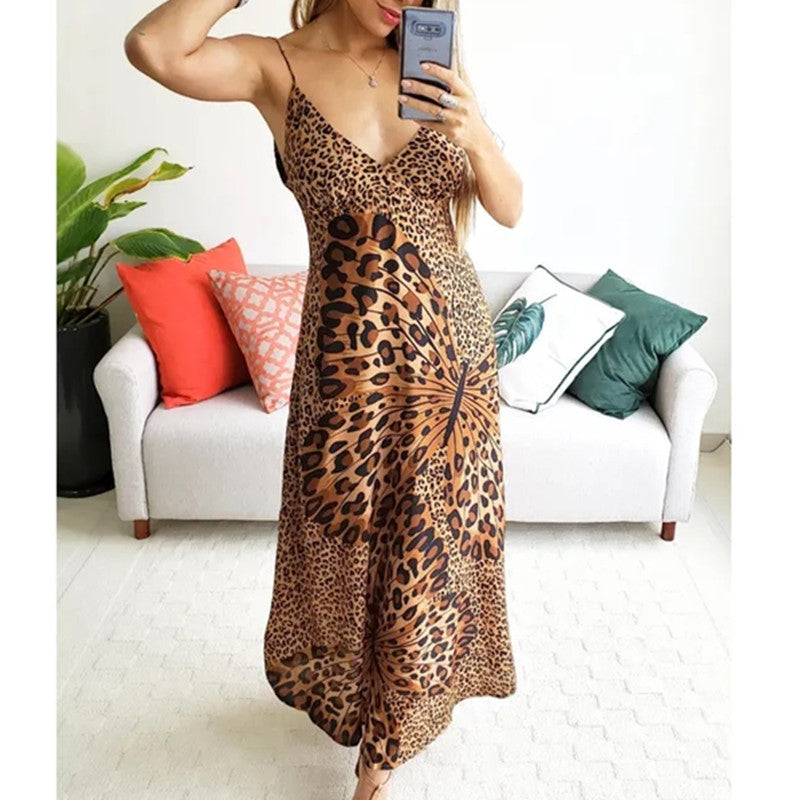 Nouvelle robe à bretelles imprimé léopard et papillons pour femme