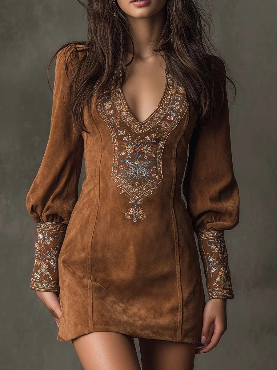 Vestido sexy bordado de manga larga y escote en V para mujer europea y americana