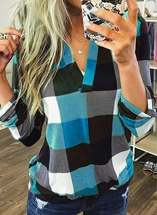 Camisa de franela a cuadros con estilo - Top suave de manga larga con cuello en V y ajuste relajado para uso diario, ropa informal para mujer para la temporada de otoño e invierno