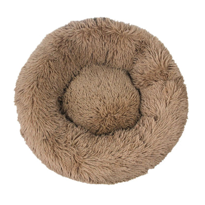 Fluffy Donut Dog Bed by AdTec; round brown long-plush pet cushion for dogs and cats, washable.