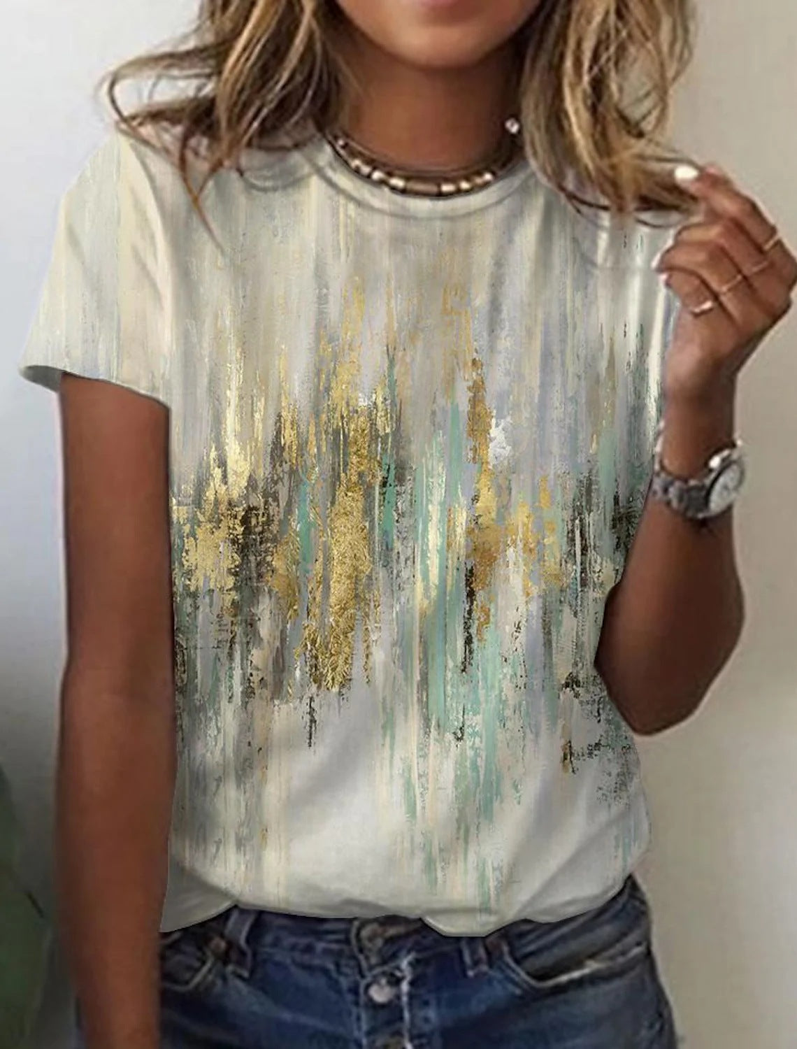 Manga corta con estampado retro abstracto para mujer de la nueva colección europea y americana