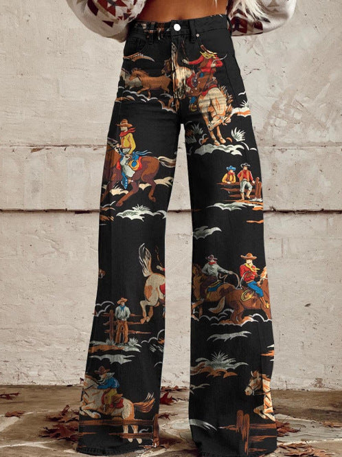Pantalones de pata ancha, transferencia térmica, tipo campana, simulación de vaqueros