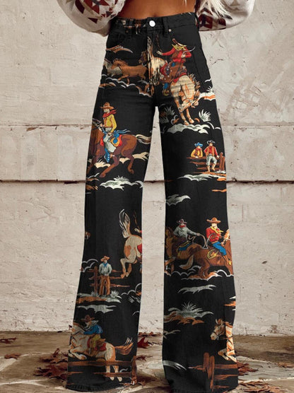 Pantalon large à transfert thermique, pantalon patte d'éléphant, pantalon en jean imitation