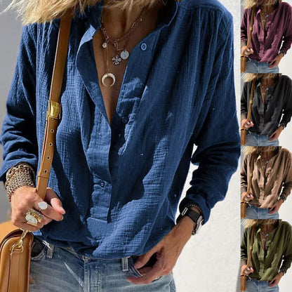 Chemisier pull à manches longues décontracté ample et élégant en coton et lin de couleur unie avec boutons style rétro