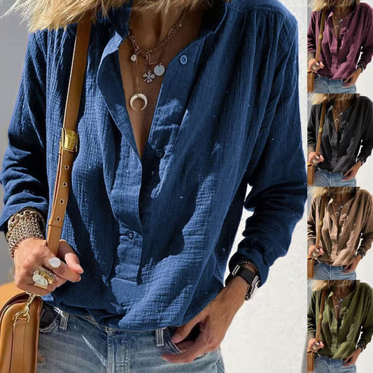 Camisa jersey informal, holgada y elegante de algodón y lino de manga larga con botones y color sólido estilo retro
