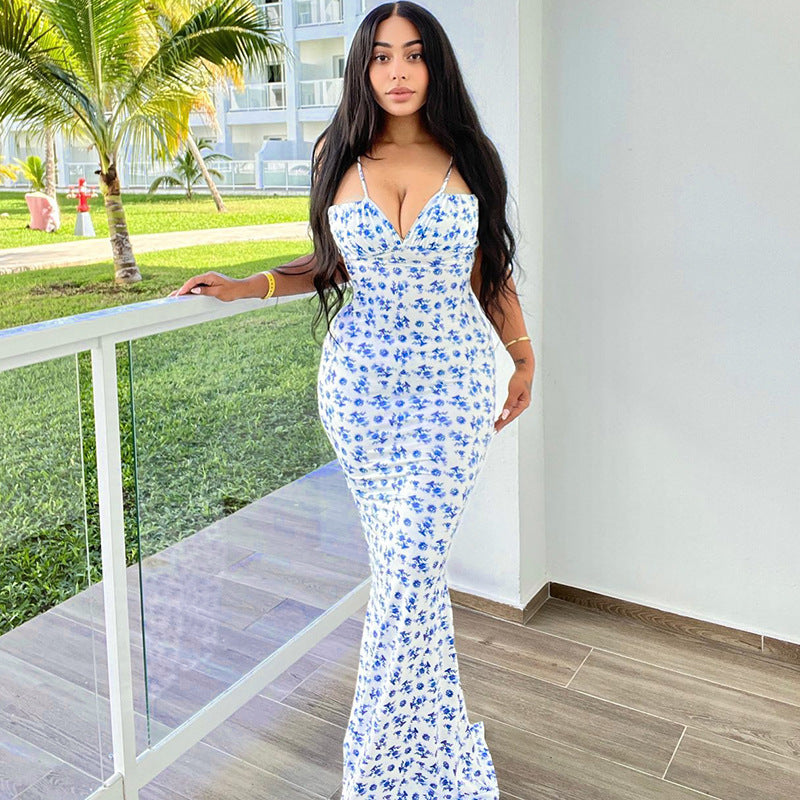 Vestido Largo de Verano con Tirantes Estampado Floral y Cordones Delgado sin Espalda para Mujer