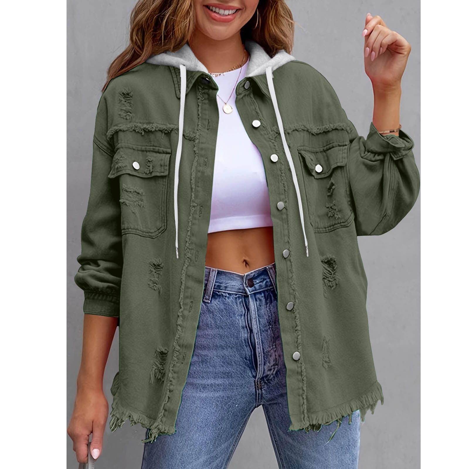 Chaqueta vaquera con capucha holgada de color liso para mujer