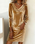 Élégante robe de soirée en velours à col drapé et manches longues de couleur unie, pour femme, tempérament doux, pour cocktails et événements formels