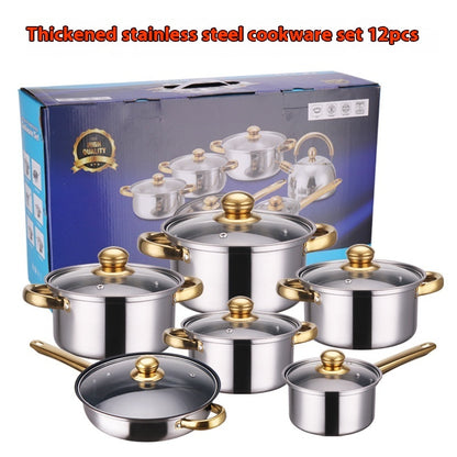 Ensemble de casseroles antiadhésives en acier inoxydable avec poignées dorées