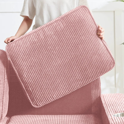 Corduroy sofa fabric upholstery in soft pink with ribbed texture