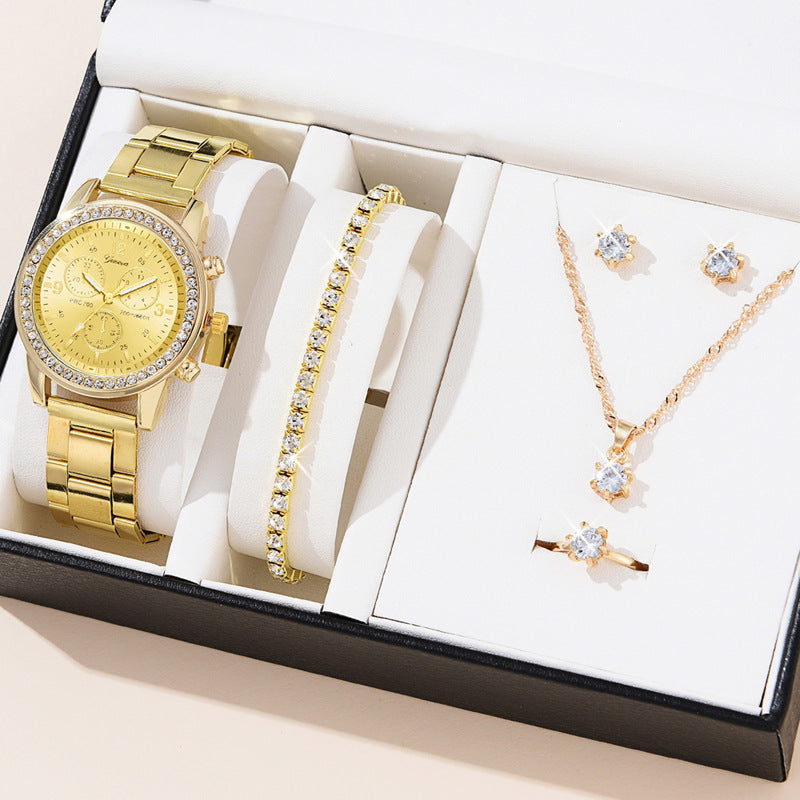 Reloj de cuarzo de tres ojos para mujer con incrustaciones de diamantes