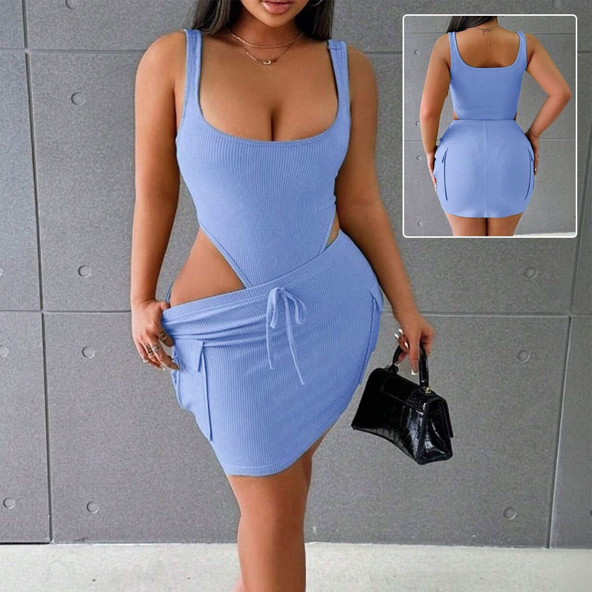 Trajes de mujer de verano con cuello cuadrado, mono con tirantes y falda ajustada