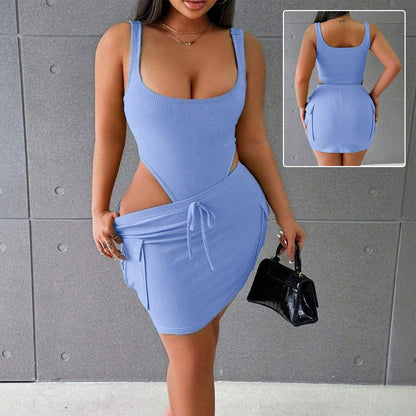 Trajes de mujer de verano con cuello cuadrado, mono con tirantes y falda ajustada