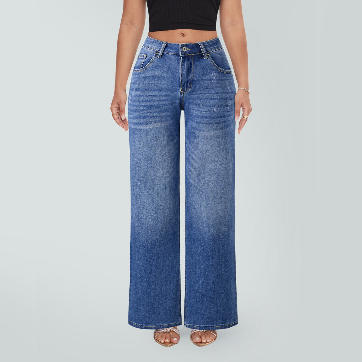 Jeans de mezclilla rectos de pierna ancha, de tiro medio a bajo, alta elasticidad, suaves y levanta glúteos