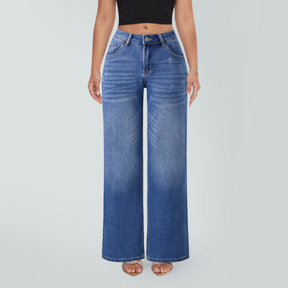 Jean droit en denim taille mi-basse à basse, très élastique, doux et rehaussant les hanches, à jambe large