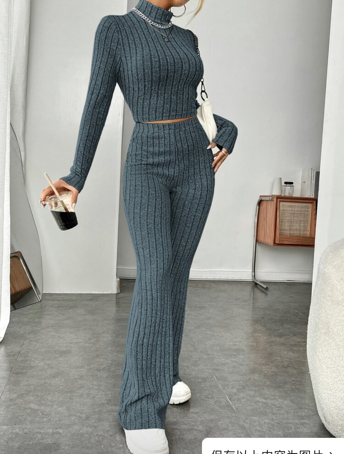 Ensemble Col Roulé Manches Longues et Pantalon Large Taille Haute