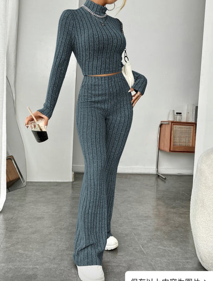 Ensemble Col Roulé Manches Longues et Pantalon Large Taille Haute