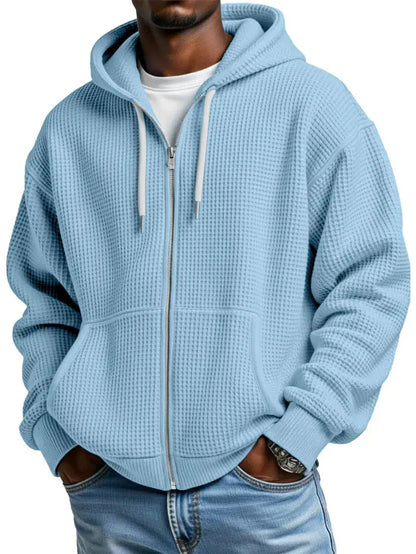 Men's light blue waffle-knit zip-up hoodie with kangaroo pockets and ribbed cuffs