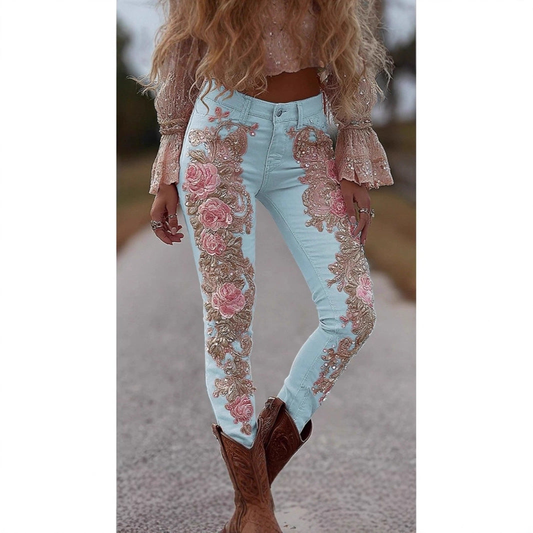 Pantalon en faux jean fleuri et coloré pour femme