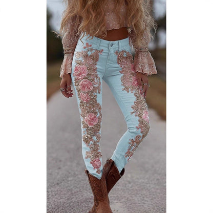Pantalon en faux jean fleuri et coloré pour femme