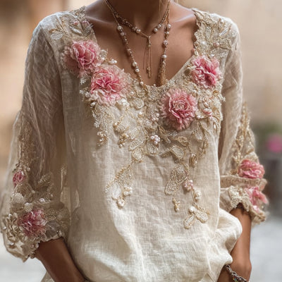 T-shirt à col en V et manches courtes imprimé 3D pour femme, au style élégant, artistique et vintage