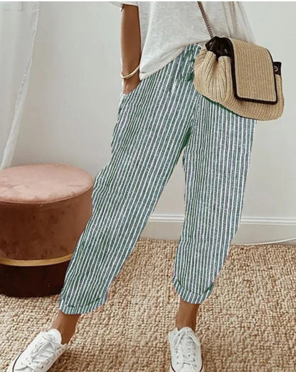 Pantalon décontracté d'été à rayures, ample, taille élastique pour femme