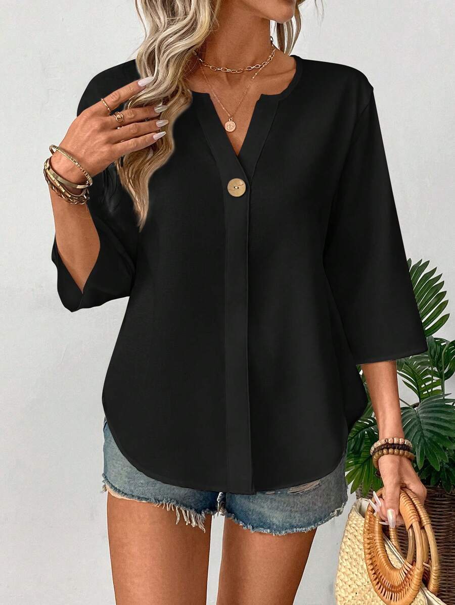 Chemise décontractée unie ample avec petit col en V et boutons
