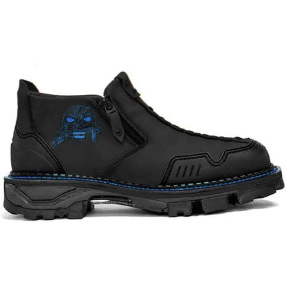 Luma men's black skull Martin boots with blue contrast stitching and side zip, rugged lug sole
