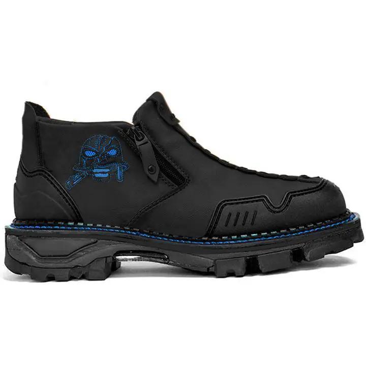 Luma men's black skull Martin boots with blue contrast stitching and rugged sole