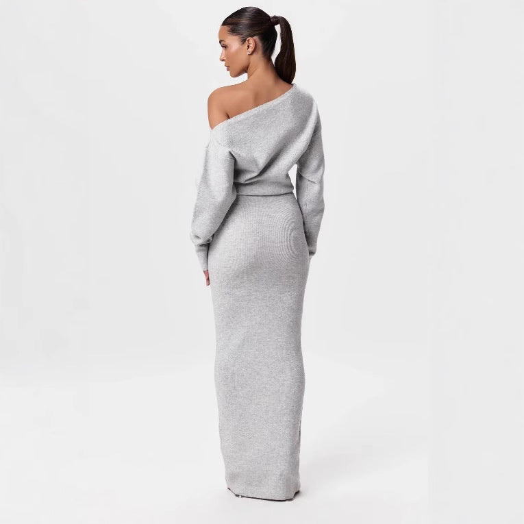 Vestido de punto de manga larga ajustado estilo Ins para fiesta de noche, sexy, con hombros descubiertos, largo y ajustado