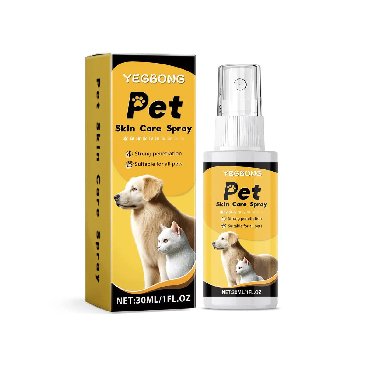 Pet Skin Care Spray bottle and box, yellow label by YEGBONG, dog and cat images, 30ml