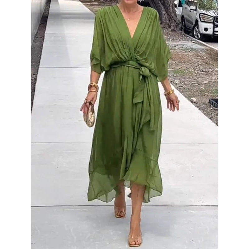 Vestido de verano con escote en V y manga murciélago de color liso con lazo irregular, vestidos largos para mujer