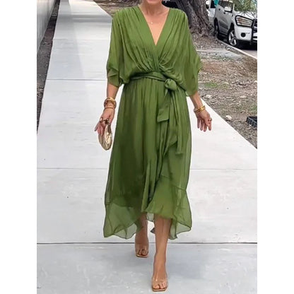 Vestido de verano con escote en V y manga murciélago de color liso con lazo irregular, vestidos largos para mujer