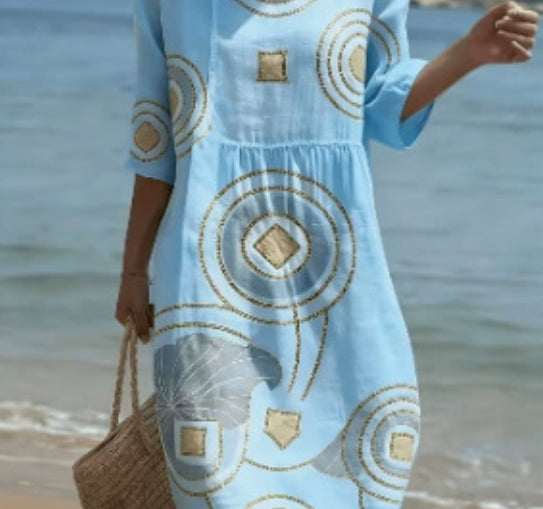 Robe décontractée en coton et lin imprimée à col rond et manches mi-longues pour femmes