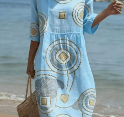 Robe décontractée en coton et lin imprimée à col rond et manches mi-longues pour femmes
