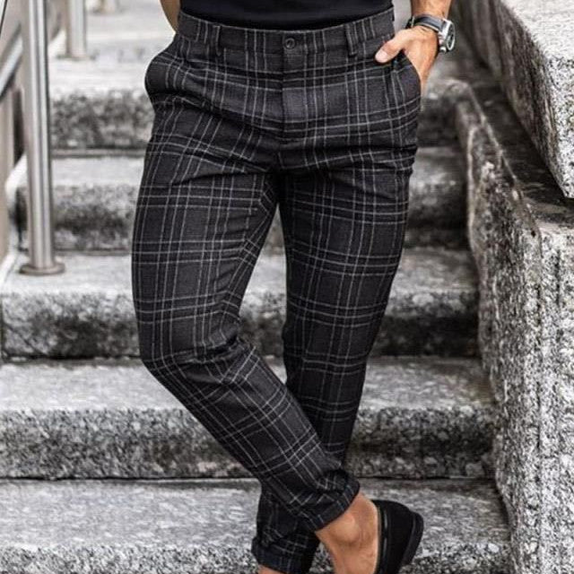 Pantalones a cuadros, pantalones informales para hombre, sueltos y finos