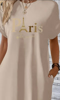 Vestido túnica de cuello redondo con estampado Midi Paris - Estampado geométrico, elasticidad media, semitransparente, bolsillos dobles, ajuste holgado, lavable a máquina, perfecto para primavera, verano y otoño - Polo casual de manga corta para mujer