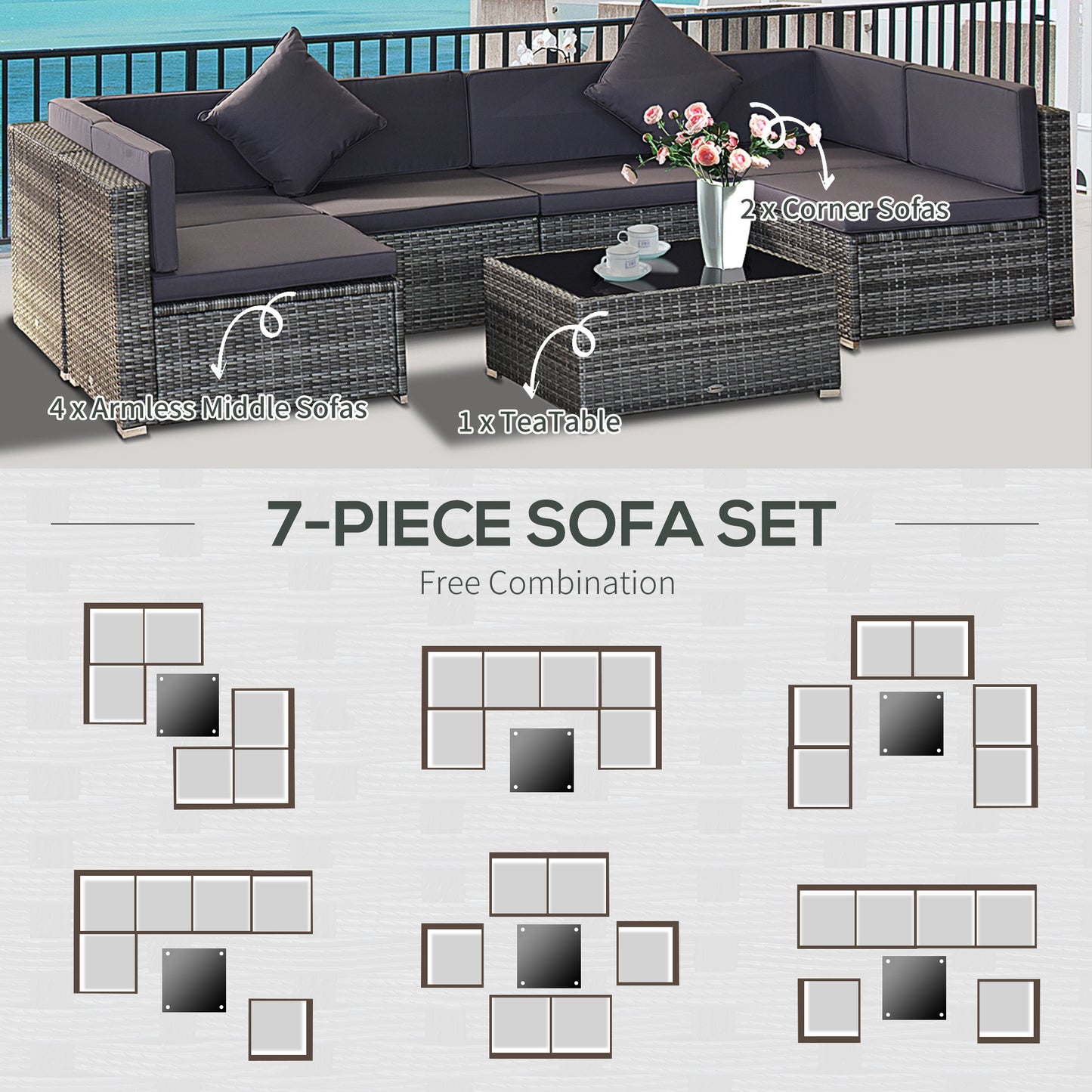 7 Piece Wicker Patio Furniture For Backyard Outdoor Sectional Sofa