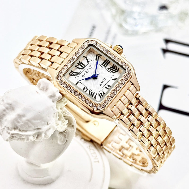 Montre Classique Rétro Carrée Étanche pour Femme avec Diamants Incrustés