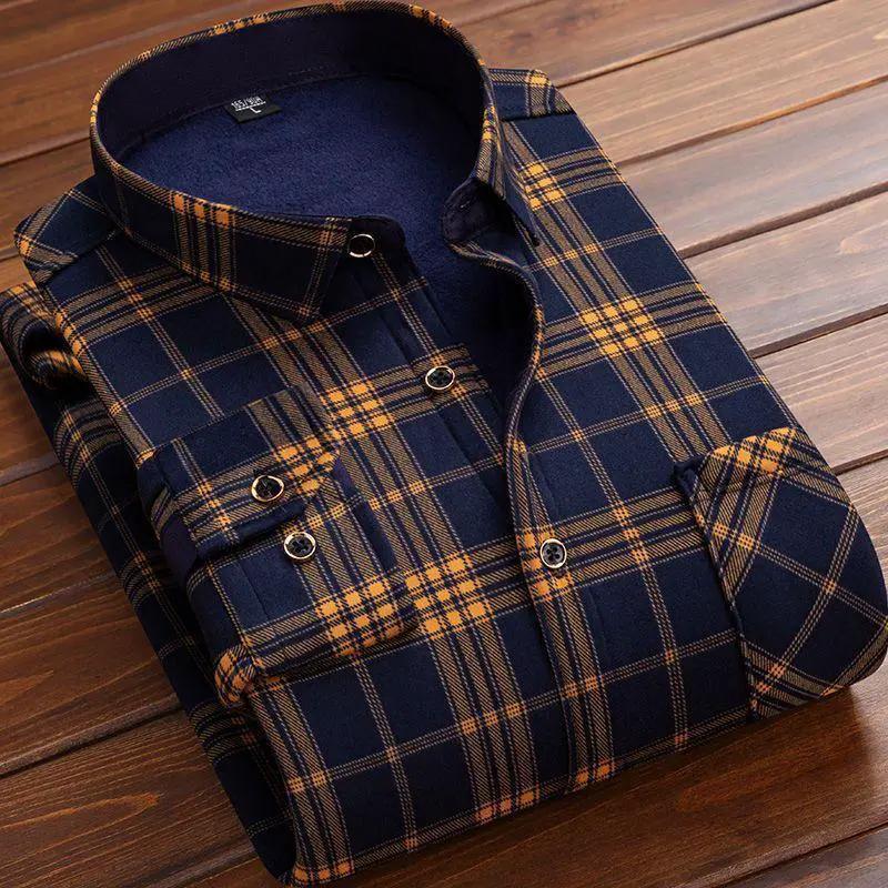 Mens fleece-lined plaid flannel shirt by AdTec, navy blue and orange, casual outerwear