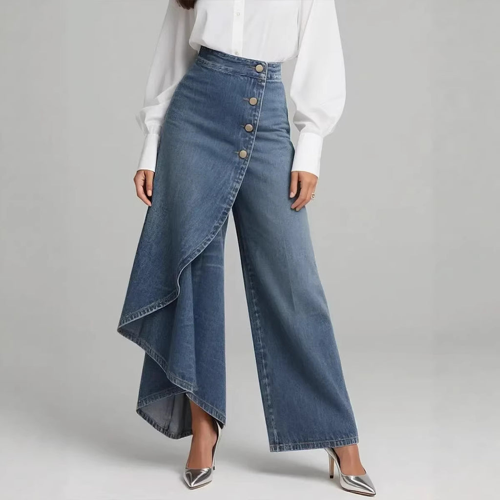 Pantalones únicos de pernera recta a la moda con volantes grandes y botones, pantalones de mujer, ropa vaquera de imitación