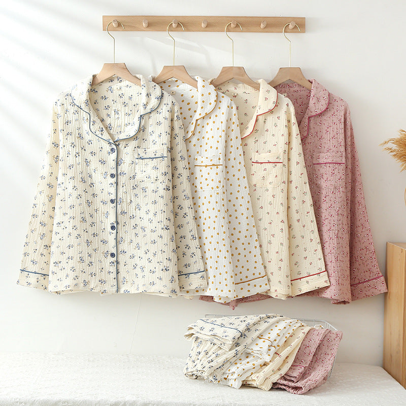 Thin Pure Cotton Double-layer Gauze Lapel Women's Pajamas And Leisure Wear Suit
