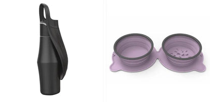 AdTec portable dog water bottle with strap and purple silicone dual-bowl dispenser, 2-item set.