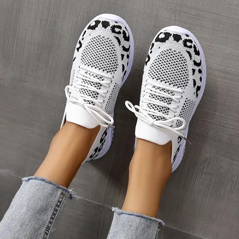 Women's white leopard-print lace-up sneakers, AdTec knit mesh upper.