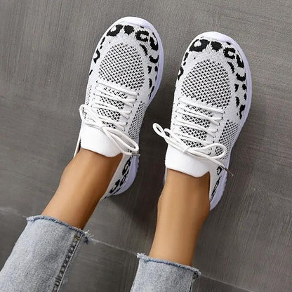 Women's white leopard-print lace-up sneakers, AdTec knit mesh upper.