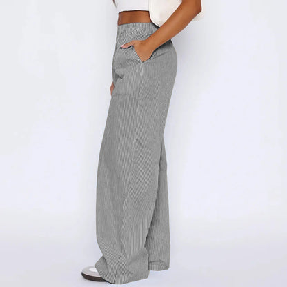Pantalones de rayas con bolsillos Ins Pantalones anchos rectos informales de moda para mujer
